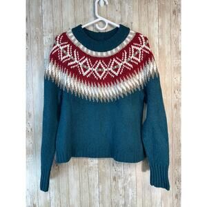American Eagle Sweater Womens M Teal Blue Tan Mock Neck Fair‎ Isle Knit Pullover